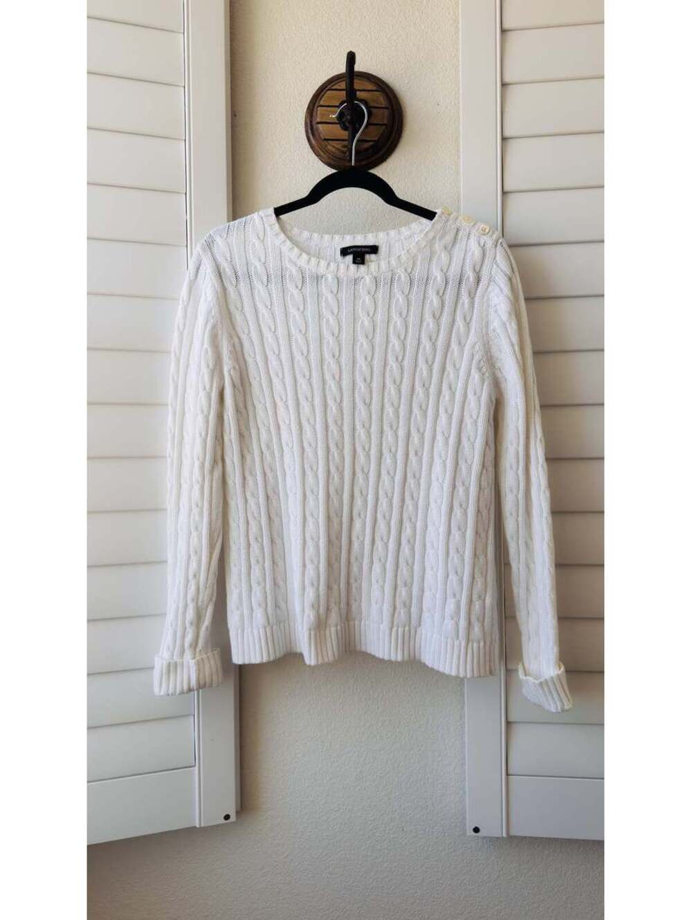 Lands' End White Cable Knit Shoulder Button Sweater Size M